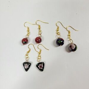 Vintage Bead Cloisonne Dangle Floral Earrings Pierced Blue Red Lot Of 3